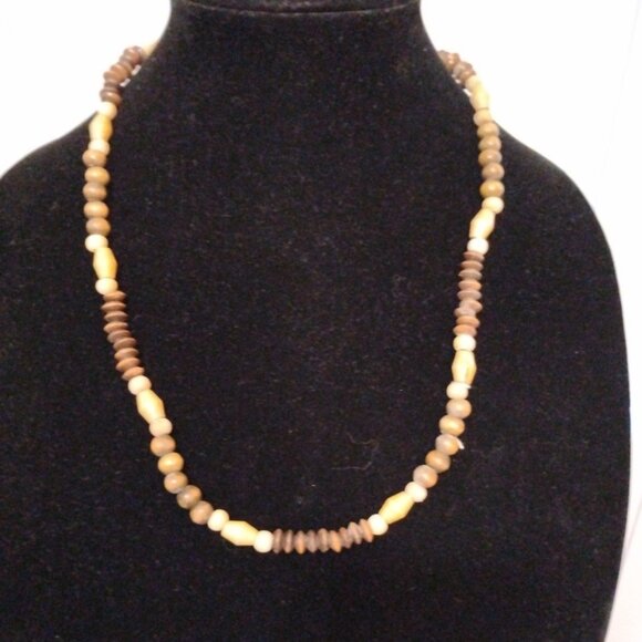 Elegant Brown and Tan Wooden Beaded Necklace Vary Shapes - Picture 1 of 7